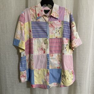 LRL 3X Pastel Pink Floral Stripe Patchwork Short Sleeve Button Vintage Shirt